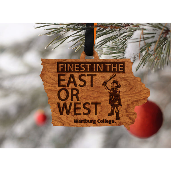 Wartburg College - Ornament - State Map with Knight Mascot - Cherry Wood - Orange and Black Ribbon Ornament LazerEdge 