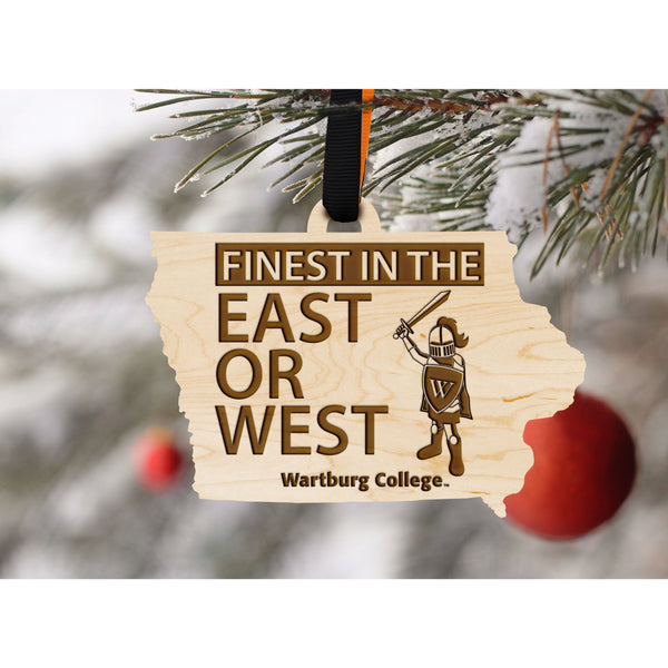 Wartburg College - Ornament - State Map with Knight Mascot - Cherry Wood - Orange and Black Ribbon Ornament LazerEdge 