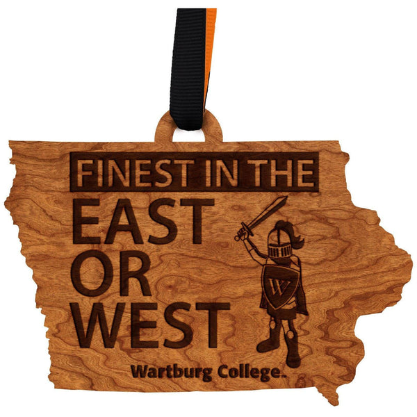 Wartburg College - Ornament - State Map with Knight Mascot - Cherry Wood - Orange and Black Ribbon Ornament LazerEdge Cherry 