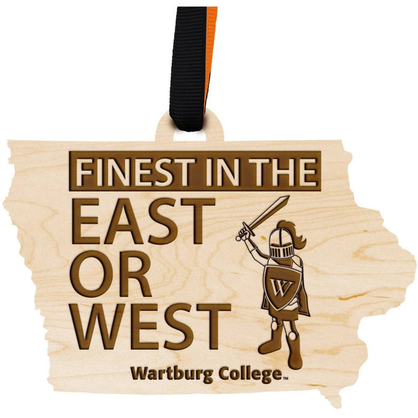 Wartburg College - Ornament - State Map with Knight Mascot - Cherry Wood - Orange and Black Ribbon Ornament LazerEdge Maple 