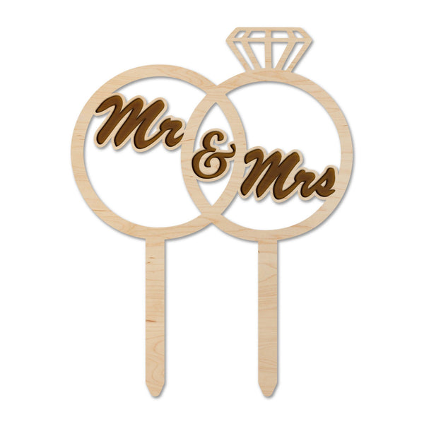 Wedding Cake Topper - "Mr & Mrs" with Rings Cake Topper Shop LazerEdge Maple 