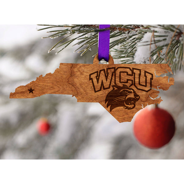 Western Carolina University - Ornament - State Map - WCU Logo Purple and White Ribbon Ornament LazerEdge 