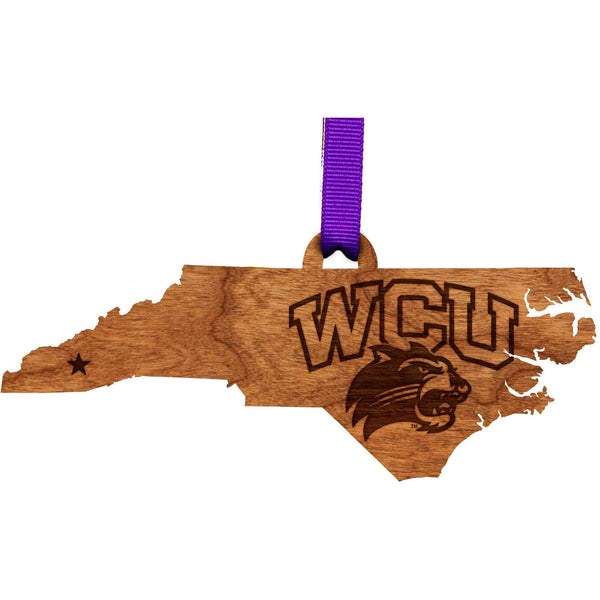 Western Carolina University - Ornament - State Map - WCU Logo Purple and White Ribbon Ornament LazerEdge 