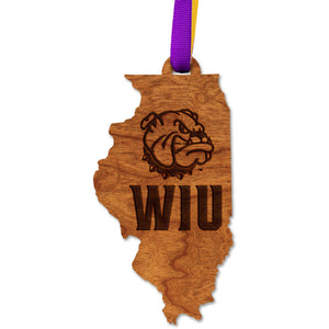 Western Illinois University - Ornament - State Map with Bulldog and "WIU" Ornament Shop LazerEdge 