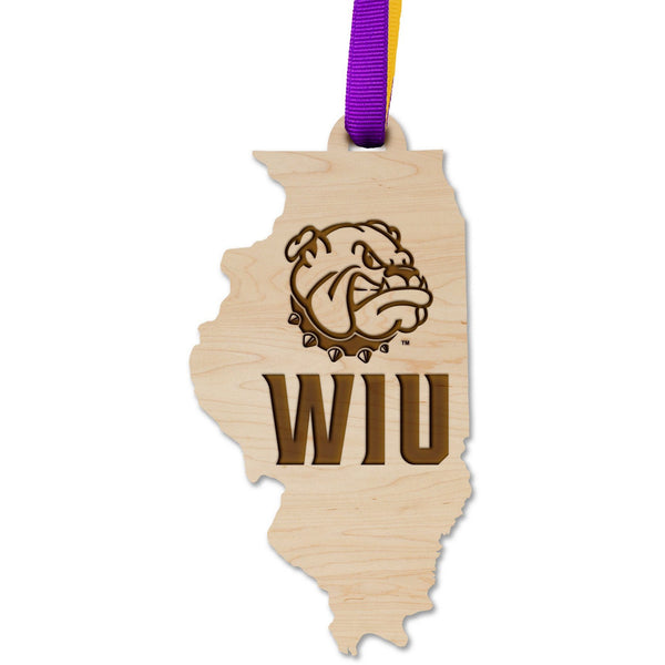 Western Illinois University - Ornament - State Map with Bulldog and "WIU" Ornament Shop LazerEdge 