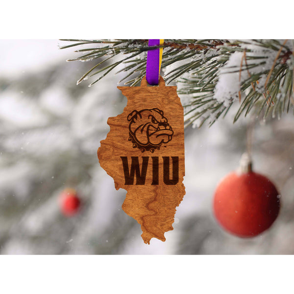 Western Illinois University - Ornament - State Map with Bulldog and "WIU" Ornament Shop LazerEdge Cherry 