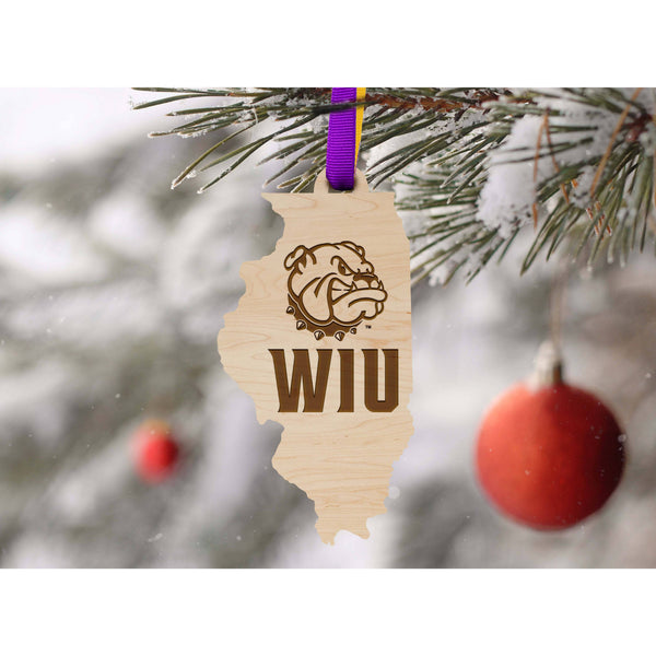 Western Illinois University - Ornament - State Map with Bulldog and "WIU" Ornament Shop LazerEdge Maple 