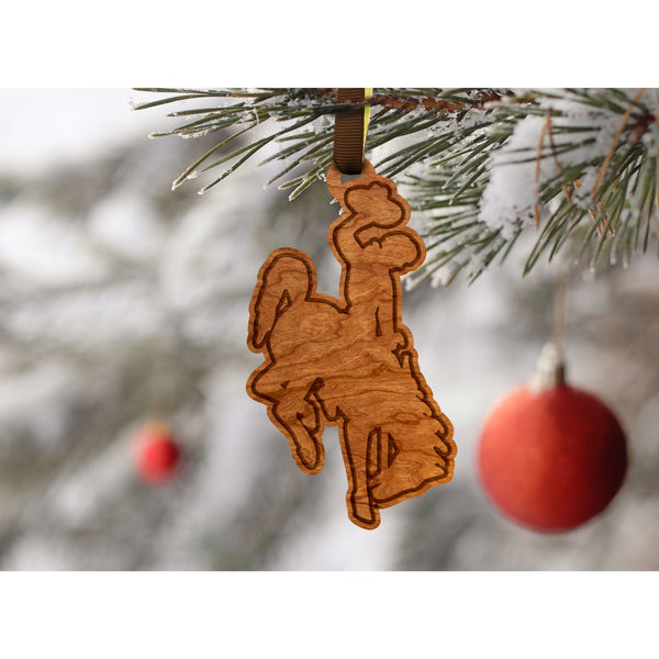 Wyoming - Ornament - Bucking Horse Cutout - Brown and Gold Ribbon Ornament LazerEdge 